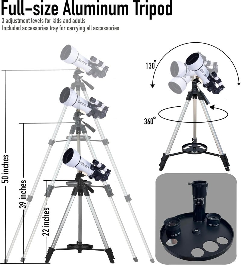 Spectrum Optical Instruments SpectrumOI TourStar 70 AZ Telescope for Adults Astronomy Gifts, Travel Telescope for Camping - Premium Refractor 70mm Aperture with Carry Bag and Phone Holder White Color - Image 4